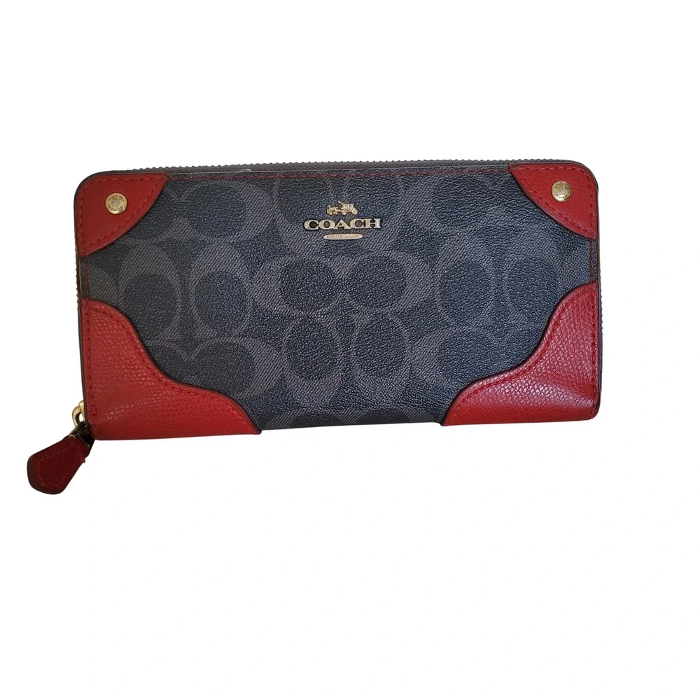 Coach Signature Accordion Zip Wallet Charcoal Red Leather Trim Studded F54007